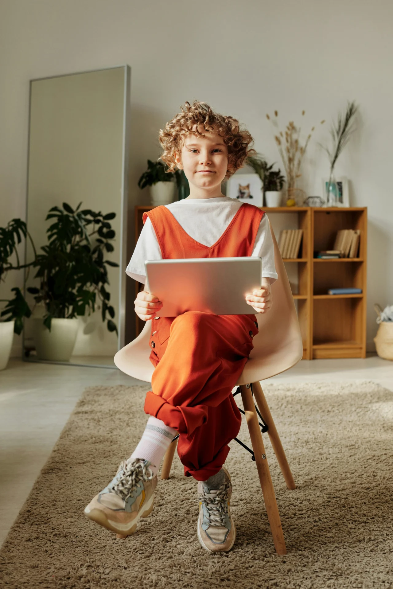 Child holding a tablet and reading in a home setting