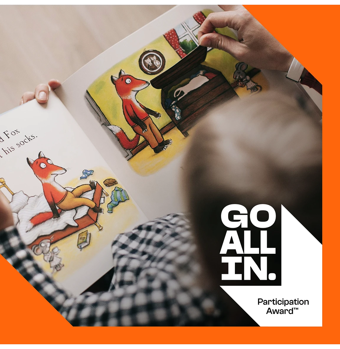 Adult and child reading an illustrated picture book together with “Go All In” overlaid