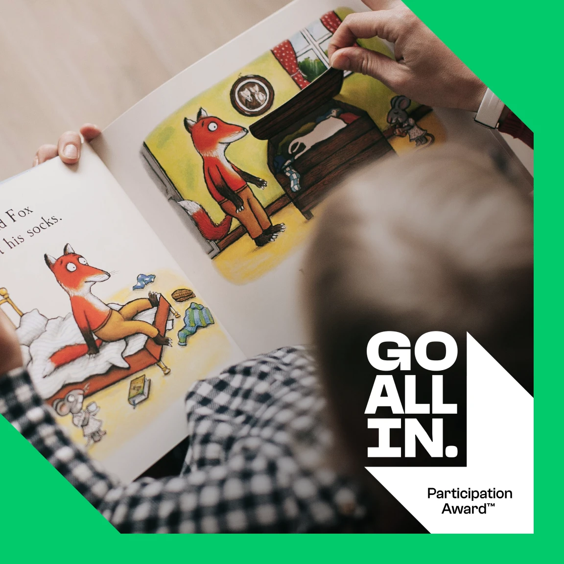 Child reading an illustrated book with campaign message “Go All In – Participation Award”