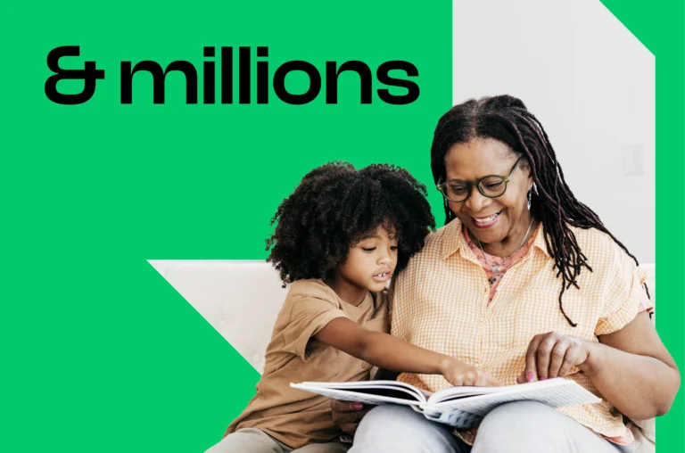 Adult and young child reading a book together, with the word “millions” displayed