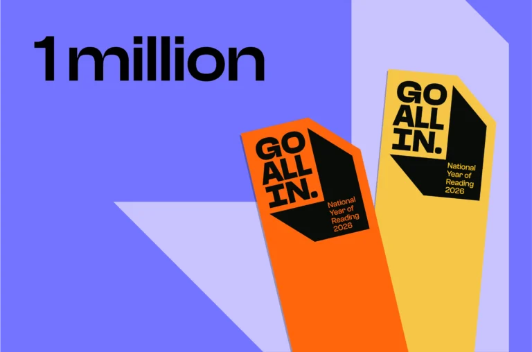 Campaign graphic with the words “One million” and “Go All In” on bold geometric bookmark shapes