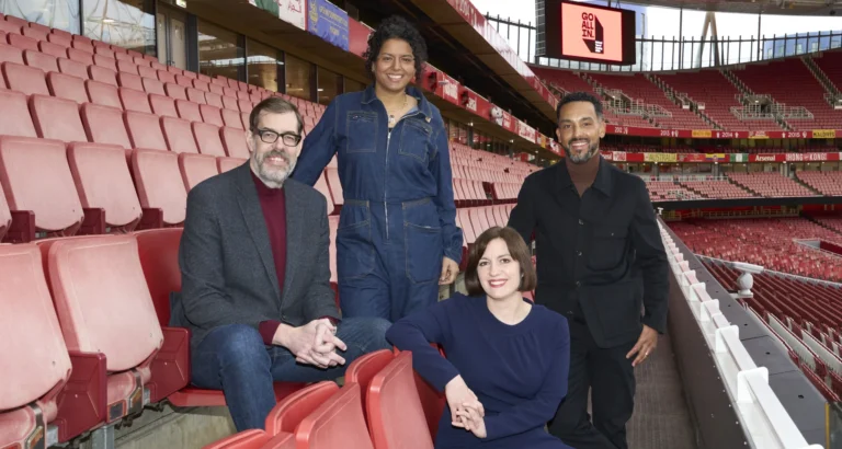 Group shot of Richard Osman, Nadia Shireen, Education Secretary Bridget Phillipson and Theo Walcott at Emirates Stadium