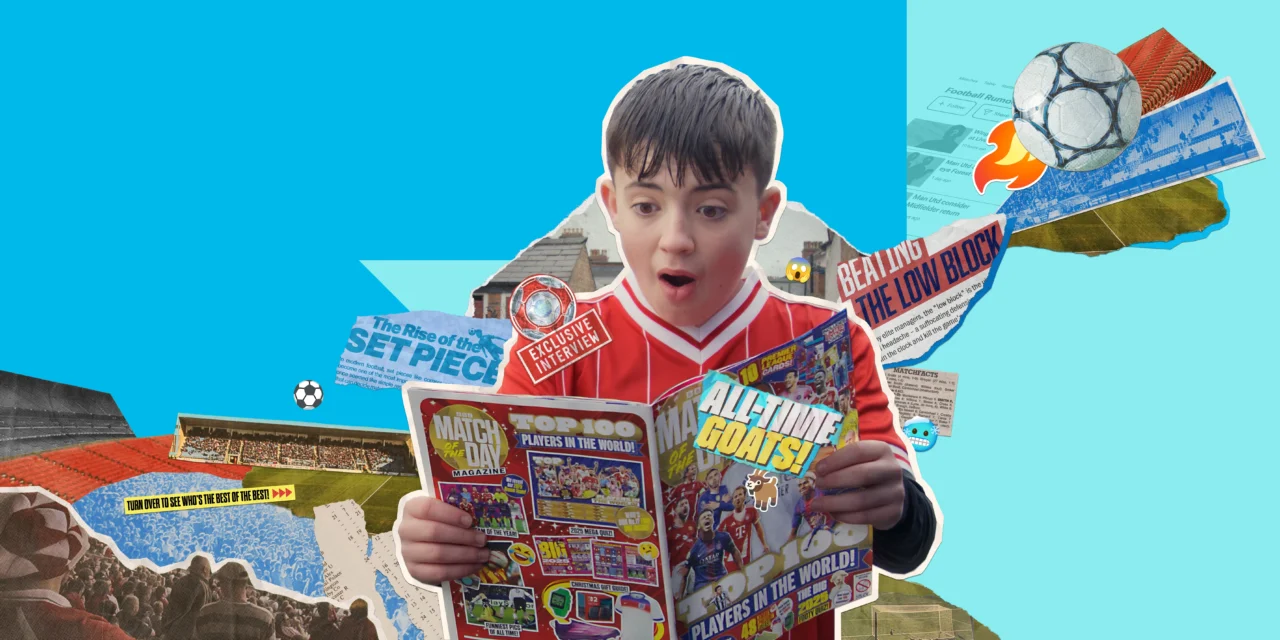 Collage art of boy reading a football magazine