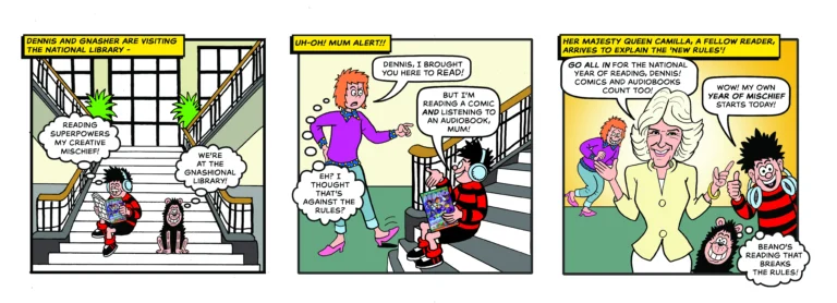 A Beano comic strip showing the Her Majesty the Queen interacting with Dennis the Menace and Gnasher at the National Library of Scotland