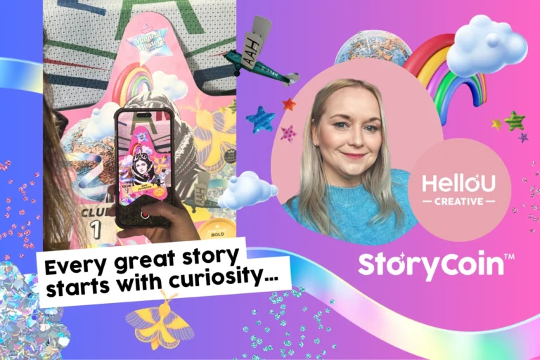 A graphic showing the smiling face of a woman called Helen Gill, alongside a graphic which shows the screen of a mobile phone with a picture and the words 'Every great story starts with curiosity' underneath.